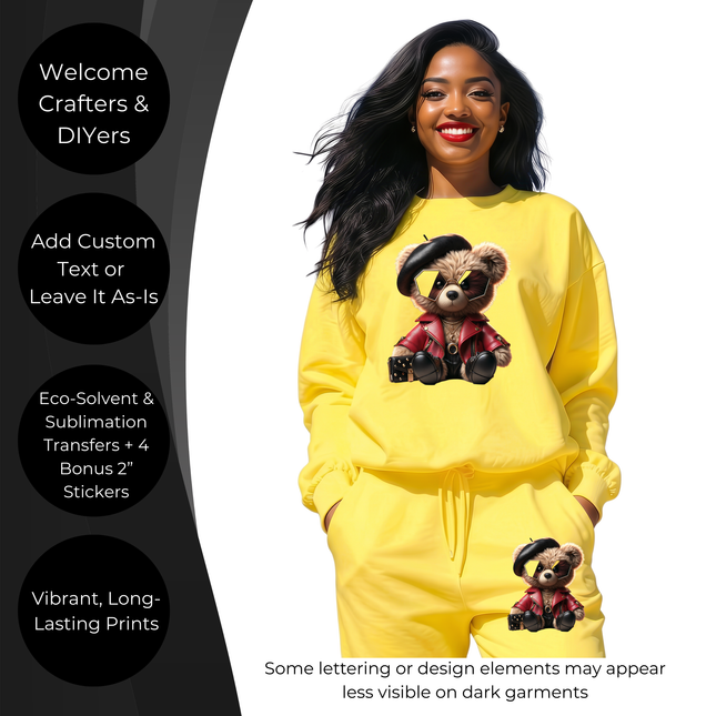 Haute Rebel Teddy 6-Pack Ready-to-Press DIY Bundle – 3 Eco-Solvent + 3 Sublimation Iron-on Heat Transfers with 4 Bonus 2-Inch Stickers