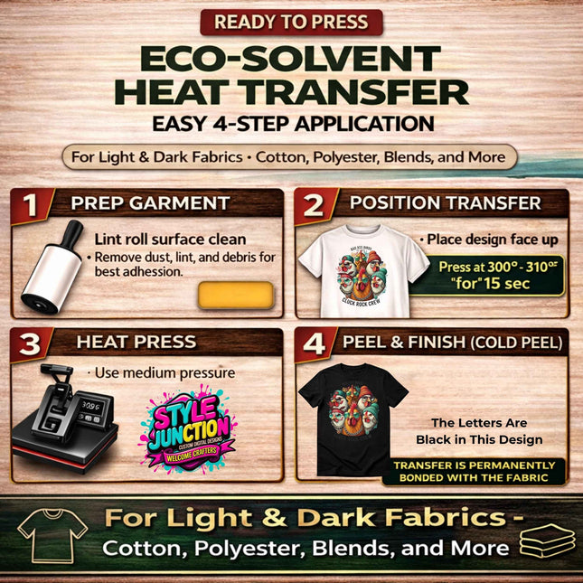 Cluck Rock Crew 9-Piece Bundle for Crafters & DIY – 3 Eco-Solvent + 3 Sublimation Transfers (Ready to Press) + 3 Matching 2” Stickers