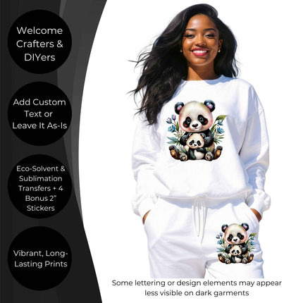 Mama Panda 6-Pack Crafter’s & DIY Bundle – 3 Eco-Solvent + 3 Sublimation Ready-to-Press Iron-On Heat Transfers for T-Shirts, Tote Bags & More, + Bonus 4 Matching 2-Inch Stickers