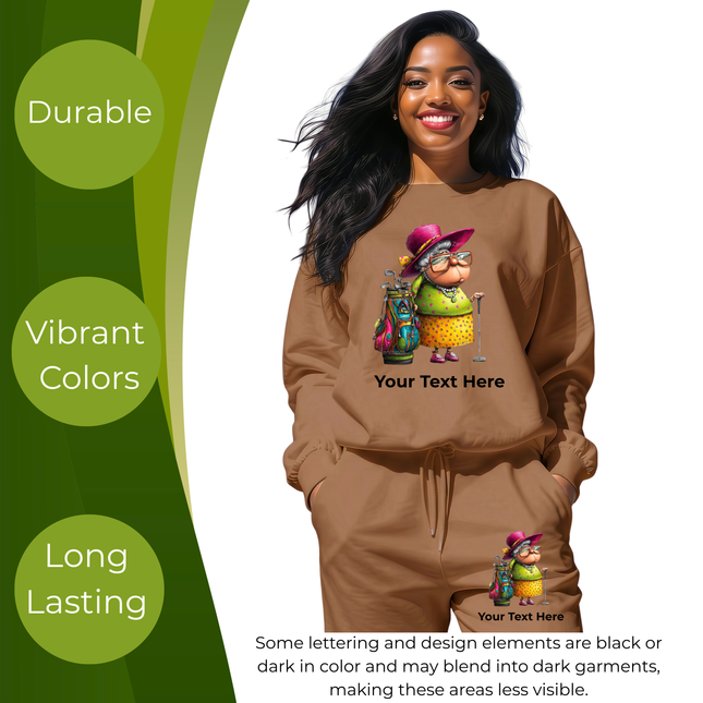 Grandma Fairway Flo 6-Pack DIY Bundle – 3 Eco-Solvent Iron-On Heat Transfers + 3 Sublimation Iron-On Heat Transfers, Ready to Press. Bonus: 4 Matching 2-Inch Stickers