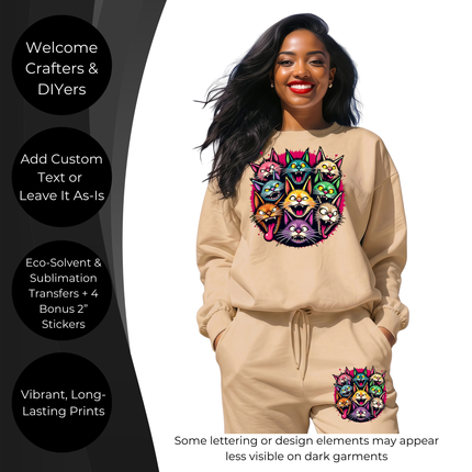 Feral Feline Frenzy 6-Pack Crafter’s & DIY Bundle – 3 Eco-Solvent + 3 Sublimation Ready-to-Press Iron-On Heat Transfers for T-Shirts, Tote Bags & More, + Bonus 4 Matching 2-Inch Stickers