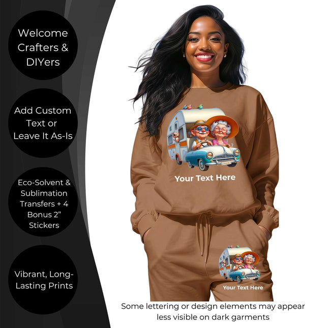 Golden Years Road Trip 6-Pack Ready-to-Press DIY Bundle – 3 Eco-Solvent + 3 Sublimation Heat Transfers with 4 Bonus 2-Inch Stickers