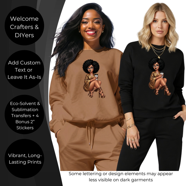 Mocha Chic Maven 3 Eco-Solvent Iron-On Heat Transfers + 3 Sublimation Iron-On Heat Transfers, Ready to Press. Bonus: 4 Matching 2-Inch Stickers