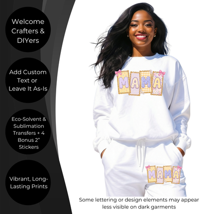 Floral Mama 6-Pack Crafter’s & DIY Bundle – 3 Eco-Solvent + 3 Sublimation Ready-to-Press Iron-On Heat Transfers for T-Shirts, Tote Bags & More, + Bonus 4 Matching 2-Inch Stickers