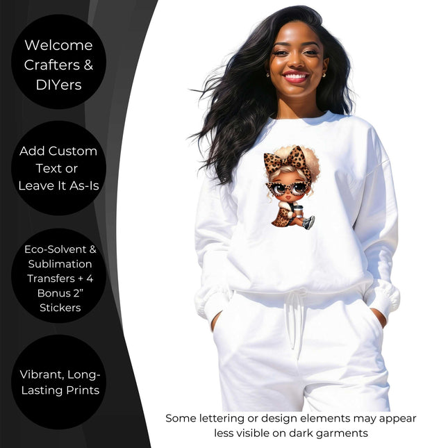 Leopard Luxe Latte 6-Pack Crafter’s & DIY Bundle – 3 Eco-Solvent + 3 Sublimation Ready-to-Press Iron-On Heat Transfers for T-Shirts, Tote Bags & More, + Bonus 4 Matching 2-Inch Stickers