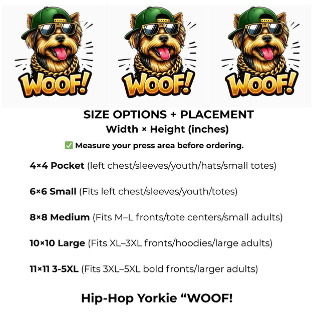 Hip-Hop Yorkie “WOOF! Heat Transfers 3-Pack, Ready to Press, Vibrant Long-Lasting Prints (Iron-On Transfers Only)