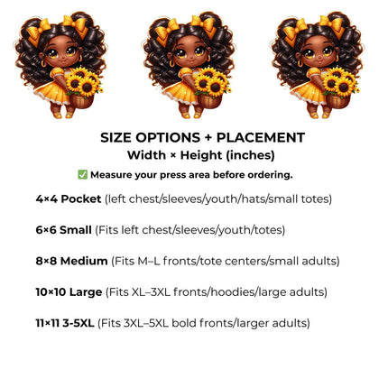 Sunshine Bloom Girl Heat Transfers 3-Pack, Ready to Press, Vibrant Long-Lasting Prints (Iron-On Transfers Only)