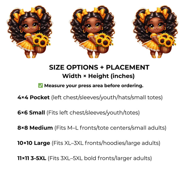 Sunshine Bloom Girl Heat Transfers 3-Pack, Ready to Press, Vibrant Long-Lasting Prints (Iron-On Transfers Only)