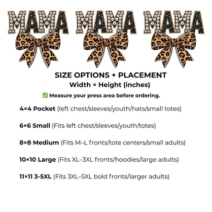 Mama Leopard Bow Heat Transfers 3-Pack, Ready to Press, Vibrant Long-Lasting Prints (Iron-On Transfers Only)