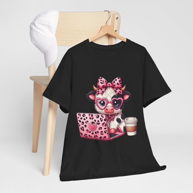 Cow With Laptop T-Shirt — Cute Pink Leopard Cow Working on Laptop with Coffee Tee