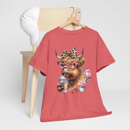 Cute Highland Cow Tee with Heart Sunglasses, Leopard Bow & Coffee — Cow Mom Gift