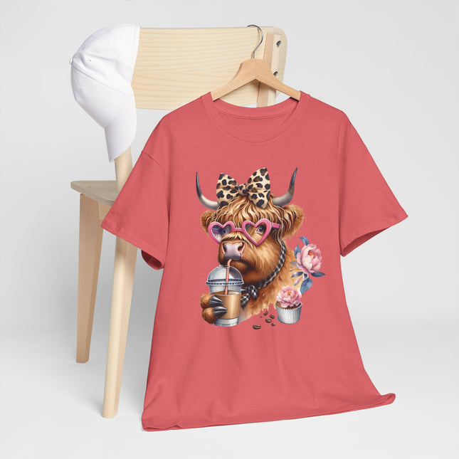Cute Highland Cow Tee with Heart Sunglasses, Leopard Bow & Coffee — Cow Mom Gift