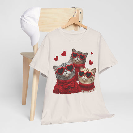 Faux Yarn "Cool Kittens"  T-Shirt — Trio of Cute Cats in Heart Sunglasses