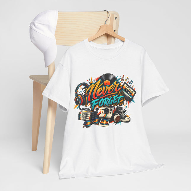Retro Music Tee — "Never Forget" Vintage Records & Cassette Graphic