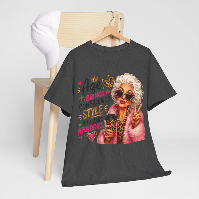 T-Shirt — "Age Brings Confidence, Style & Zero Apologies" Retro Glam Senior Woman Graphic Tee