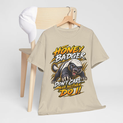 Honey Badger Graphic Tee - "Honey Badger Don't Care and Neither Do I" Bold Animal Illustration Shirt