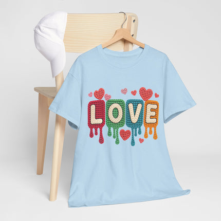 Faux Yarn "LOVE" Drip Graphic Tee — Colorful Retro Heart Design