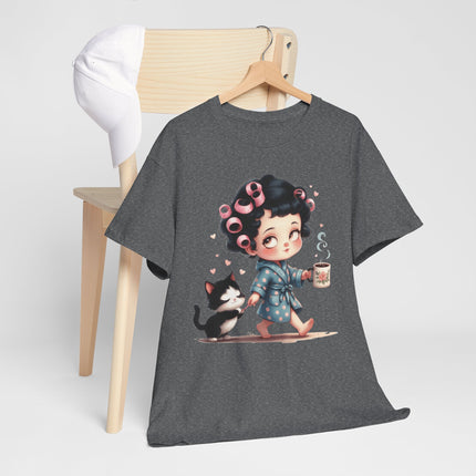 Cute Morning Routine Tee — Cartoon Girl in Rollers with Cat & Coffee