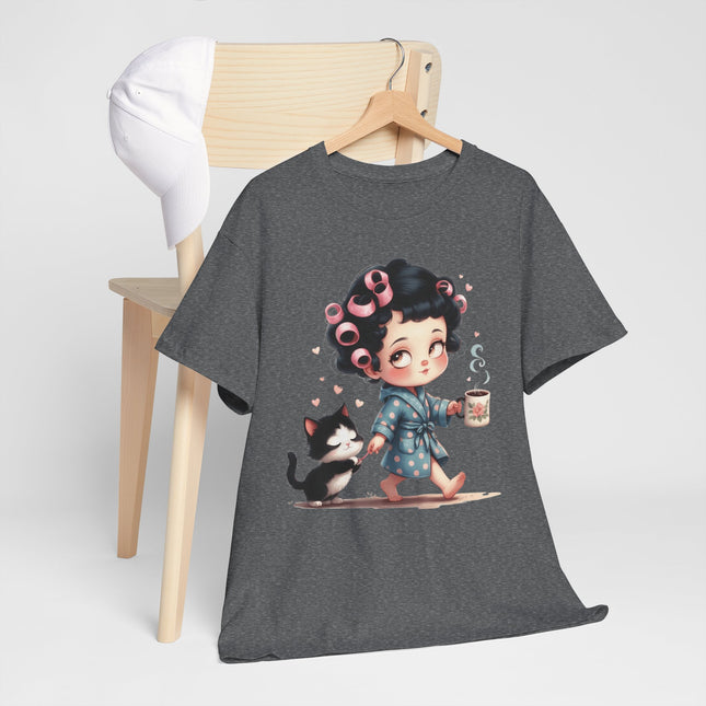 Cute Morning Routine Tee — Cartoon Girl in Rollers with Cat & Coffee