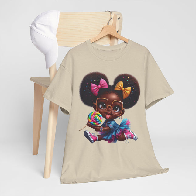 Sweet Pop Princess 🍭 Graphic Tee — Cute Afro Puff Girl with Lollipop