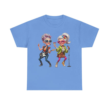 Senior Rock Duo Graphic Tee — Retro Grandmas Singing & Playing Guitar