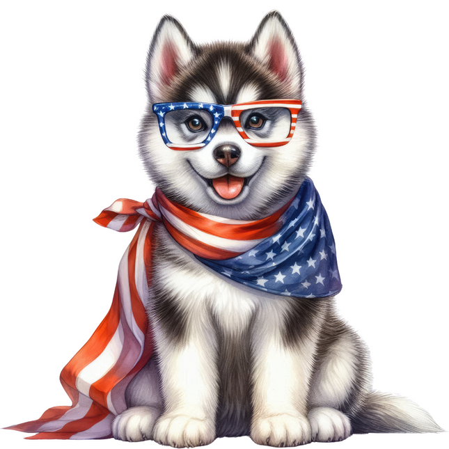 Patriotic Husky Dog in Flag Glasses – DTF Heat Transfer DTF Transfers Style Junction – Custom Digital Designs & Apparel