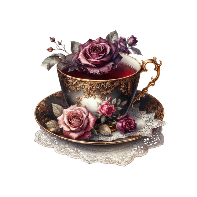 Romantic Rose Teacup – DTF Heat Transfer for Shirts & Totes DTF Transfers Style Junction – Custom Digital Designs & Apparel