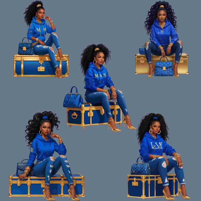 Afro Diva in Blue Luxe Hoodie – PNG Bundle of 5 Digital File Style Junction – Custom Digital Designs & Apparel