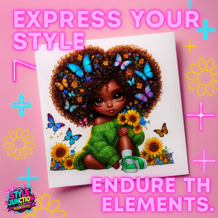 Afro girl in green sweater holding sunflowers with butterflies in curly hair on white background heat transfer design