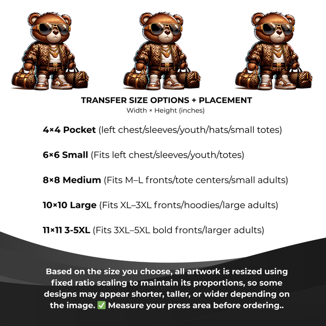 Luxury Hustle Bear 6-Pack Crafter’s & DIY Bundle – 3 Eco-Solvent + 3 Sublimation Ready-to-Press Iron-On Heat Transfers for T-Shirts, Tote Bags & More, + Bonus 4 Matching 2-Inch Stickers