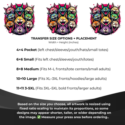 Feral Feline Frenzy 6-Pack Crafter’s & DIY Bundle – 3 Eco-Solvent + 3 Sublimation Ready-to-Press Iron-On Heat Transfers for T-Shirts, Tote Bags & More, + Bonus 4 Matching 2-Inch Stickers