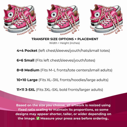 Blush Pearl High-Tops 6-Pack DIY Bundle – 3 Eco-Solvent Iron-On Heat Transfers + 3 Sublimation Iron-On Heat Transfers, Ready to Press. Bonus: 4 Matching 2-Inch Stickers