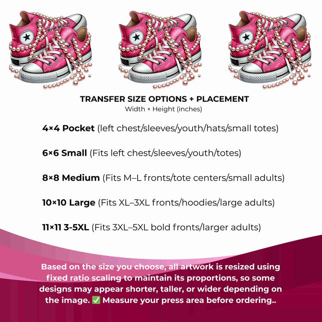 Blush Pearl High-Tops 6-Pack DIY Bundle – 3 Eco-Solvent Iron-On Heat Transfers + 3 Sublimation Iron-On Heat Transfers, Ready to Press. Bonus: 4 Matching 2-Inch Stickers