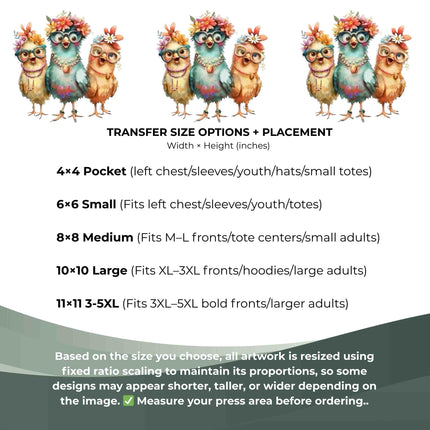 Floral Glasses Chick Trio 6-Pack DIY Bundle – 3 Eco-Solvent Iron-On Heat Transfers + 3 Sublimation Iron-On Heat Transfers, Ready to Press. Bonus: 4 Matching 2-Inch Stickers