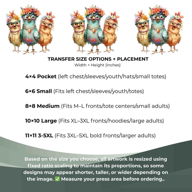 Floral Glasses Chick Trio 6-Pack DIY Bundle – 3 Eco-Solvent Iron-On Heat Transfers + 3 Sublimation Iron-On Heat Transfers, Ready to Press. Bonus: 4 Matching 2-Inch Stickers