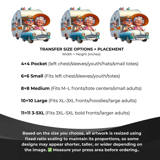 Golden Years Road Trip 6-Pack Ready-to-Press DIY Bundle – 3 Eco-Solvent + 3 Sublimation Heat Transfers with 4 Bonus 2-Inch Stickers
