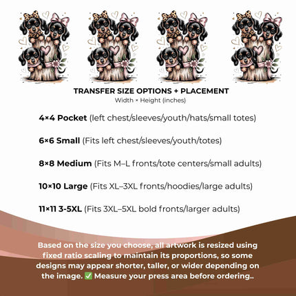 Bow-Tied Puppy Trio 6-Pack DIY Bundle – 3 Eco-Solvent Iron-On Heat Transfers + 3 Sublimation Iron-On Heat Transfers, Ready to Press. Bonus: 4 Matching 2-Inch Stickers