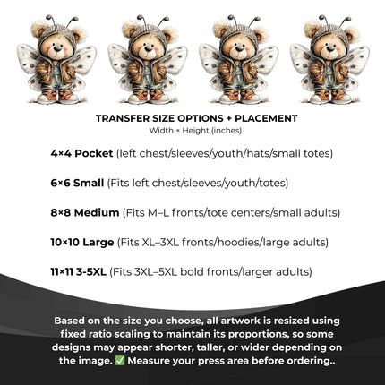 Butterfly Bear #1 6-Pack Crafter’s & DIY Bundle – 3 Eco-Solvent + 3 Sublimation Ready-to-Press Iron-On Heat Transfers for T-Shirts & More, + Bonus 4 Matching 2-Inch Stickers