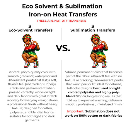 Pan-African Power Cutie 6-Pack Crafter’s & DIY Bundle – 3 Eco-Solvent Iron-On Heat Transfers + 3 Sublimation Iron-On Heat Transfers, Ready to Press. Bonus: 4 Matching 2-Inch Stickers