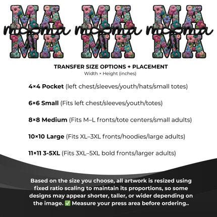 Floral Mama Black Monogram 6-Pack Ready-to-Press DIY Bundle – 3 Eco-Solvent + 3 Sublimation Iron-on Heat Transfers with 4 Bonus 2-Inch Stickers