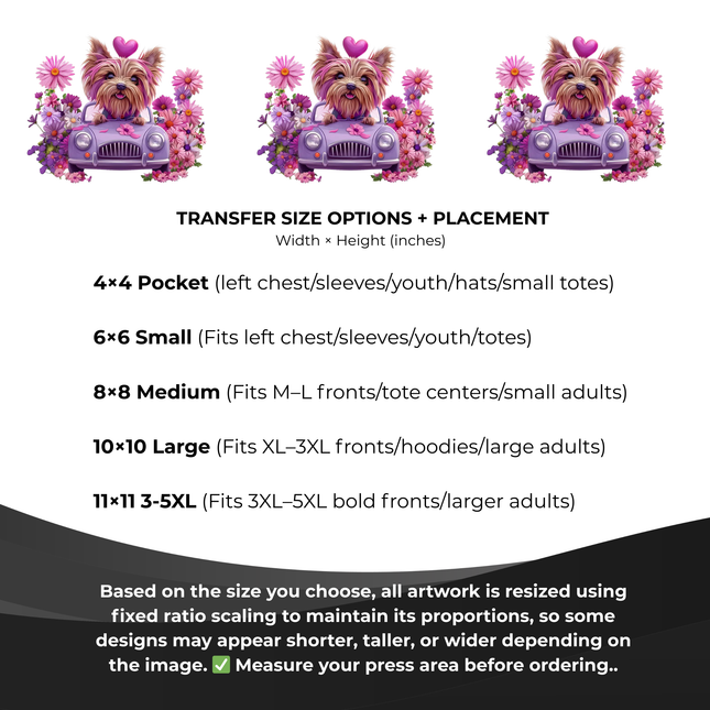 Petal Cruiser Yorkie 3 Eco-Solvent Iron-On Heat Transfers + 3 Sublimation Iron-On Heat Transfers, Ready to Press. Bonus: 4 Matching 2-Inch Stickers