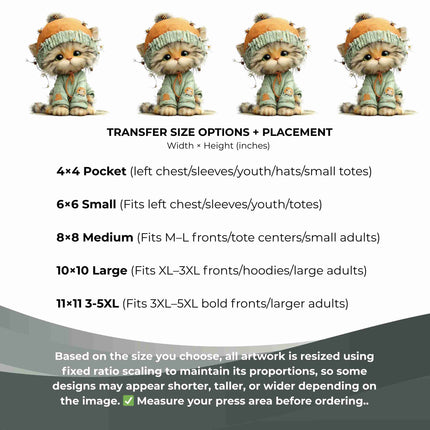 Whimsical Spring cat #11 6-Pack DIY Bundle – 3 Eco-Solvent Iron-On Heat Transfers + 3 Sublimation Iron-On Heat Transfers, Ready to Press. Bonus: 4 Matching 2-Inch Stickers