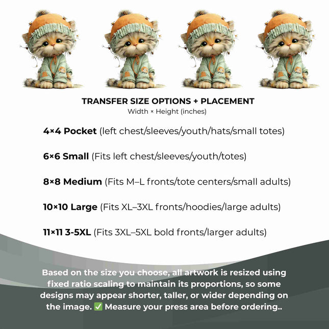 Whimsical Spring cat #11 6-Pack DIY Bundle – 3 Eco-Solvent Iron-On Heat Transfers + 3 Sublimation Iron-On Heat Transfers, Ready to Press. Bonus: 4 Matching 2-Inch Stickers