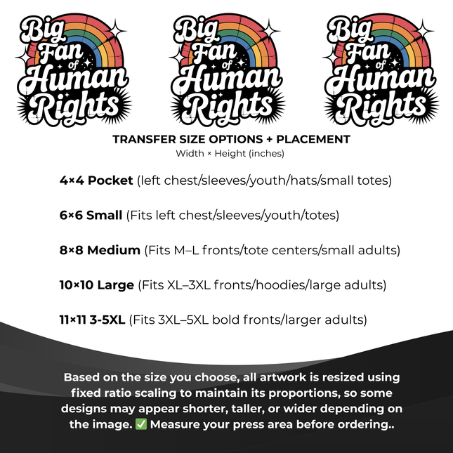 Big Fan of Human Rights 6-Pack Ready-to-Press DIY Bundle – 3 Eco-Solvent + 3 Sublimation Iron-on Heat Transfers with 4 Bonus 2-Inch Stickers