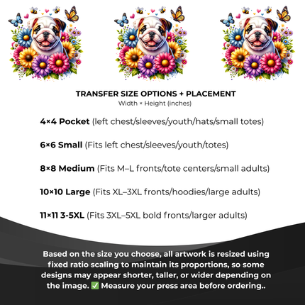 Blossom Buddy Bulldog 6-Pack Ready-to-Press DIY Bundle – 3 Eco-Solvent + 3 Sublimation Iron-on Heat Transfers with 4 Bonus 2-Inch Stickers