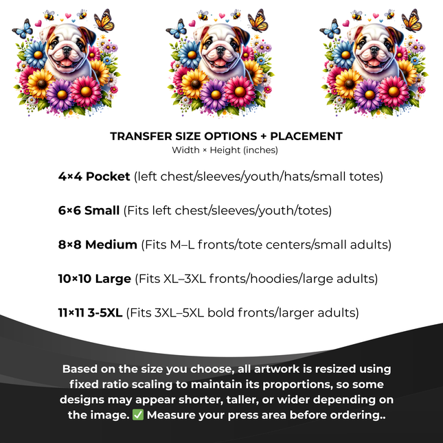 Blossom Buddy Bulldog 6-Pack Ready-to-Press DIY Bundle – 3 Eco-Solvent + 3 Sublimation Iron-on Heat Transfers with 4 Bonus 2-Inch Stickers