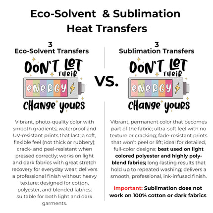 Energy Quote 6-Pack Crafter’s & DIY Bundle – 3 Eco-Solvent Iron-On Heat Transfers + 3 Sublimation Iron-On Heat Transfers, Ready to Press for T-Shirts & More. Bonus: 4 Matching 2-Inch Stickers