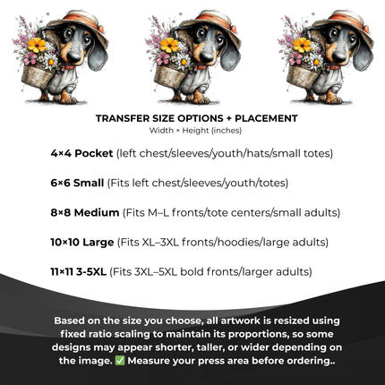 Bloom Basket Dachshund 6-Pack Ready-to-Press DIY Bundle – 3 Eco-Solvent + 3 Sublimation Iron-on Heat Transfers with 4 Bonus 2-Inch Stickers