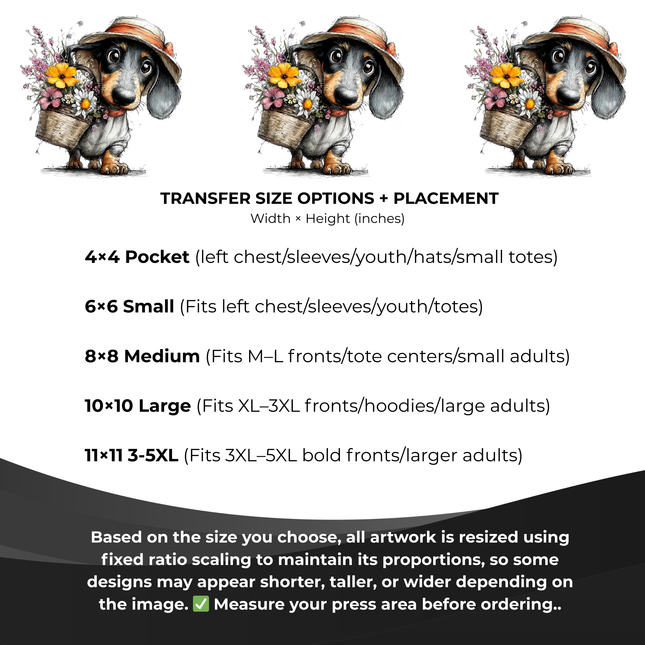 Bloom Basket Dachshund 6-Pack Ready-to-Press DIY Bundle – 3 Eco-Solvent + 3 Sublimation Iron-on Heat Transfers with 4 Bonus 2-Inch Stickers