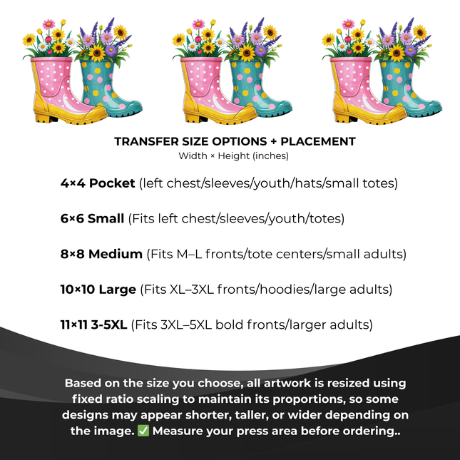 Bloom Boots 3 Eco-Solvent Iron-On Heat Transfers + 3 Sublimation Iron-On Heat Transfers, Ready to Press. Bonus: 4 Matching 2-Inch Stickers